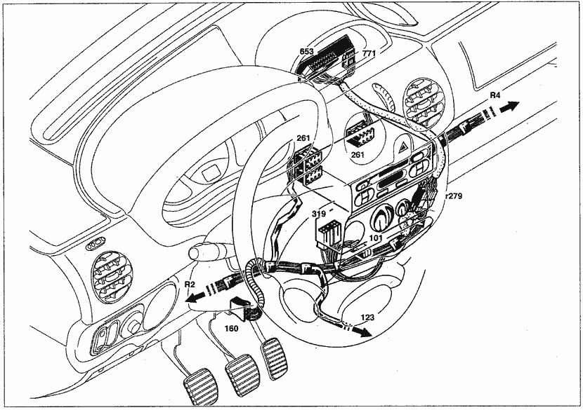 Эксплуатация, обслуживание и ремонт автомобилей Renault Kangoo (Рено Канго) (с двигателем 1.2i D4F и D7F, 1.4i K7J и E7J, 1.6i K4M и K7M, 1.5 DCI K9K, 1.9F8Q, 1.9 TDI F9Q). Схемы прокладки жгутов проводки по кузову и моторному отсеку