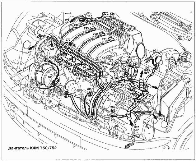 Эксплуатация, обслуживание и ремонт автомобилей Renault Kangoo (Рено Канго) (с двигателем 1.2i D4F и D7F, 1.4i K7J и E7J, 1.6i K4M и K7M, 1.5 DCI K9K, 1.9F8Q, 1.9 TDI F9Q). Схемы прокладки жгутов проводки по двигателю K4M 750/752