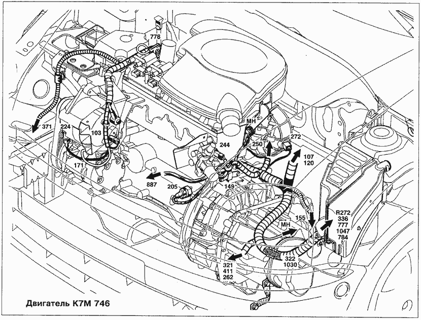 Эксплуатация, обслуживание и ремонт автомобилей Renault Kangoo (Рено Канго) (с двигателем 1.2i D4F и D7F, 1.4i K7J и E7J, 1.6i K4M и K7M, 1.5 DCI K9K, 1.9F8Q, 1.9 TDI F9Q). Схемы прокладки жгутов проводки по двигателю K7M 746