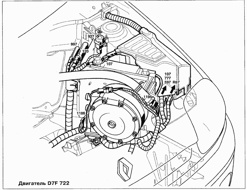 Эксплуатация, обслуживание и ремонт автомобилей Renault Kangoo (Рено Канго) (с двигателем 1.2i D4F и D7F, 1.4i K7J и E7J, 1.6i K4M и K7M, 1.5 DCI K9K, 1.9F8Q, 1.9 TDI F9Q). Схемы прокладки жгутов проводки по двигателю D7F 720/722